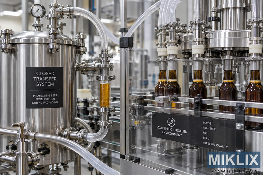 Industrial brewery closed transfer system with stainless steel tanks, sealed hoses and an automated bottling line designed to protect beer from oxygen during packaging.