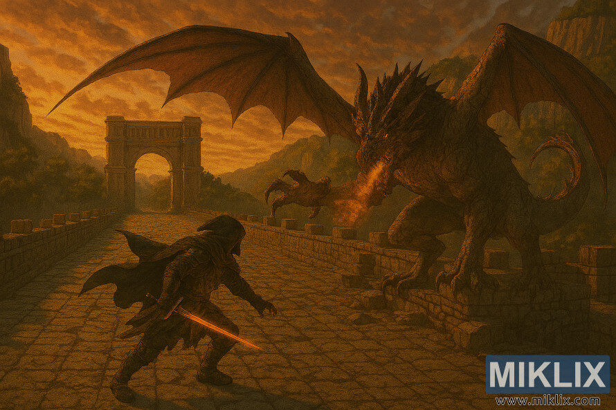 PolurealistiÄna fan art slika Potamnjelog u oklopu Crnog NoÅ¾a koji se bori protiv LeteÄeg Zmaja Greyla na Farum Greatbridgeu u zalasku sunca.