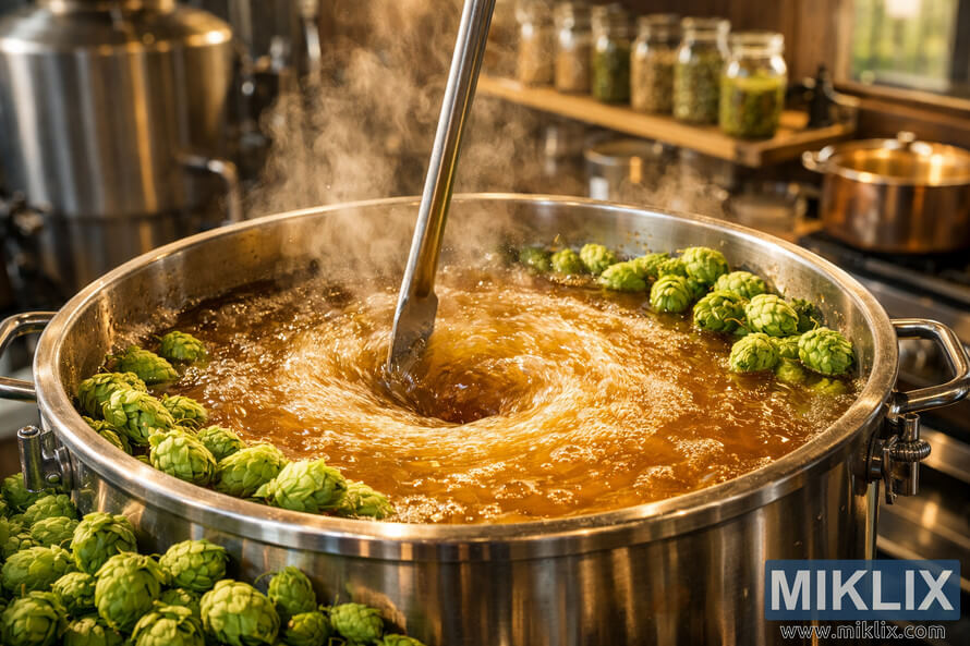 Stainless steel brewing kettle with golden wort forming a whirlpool during the boil stage, surrounded by fresh green hops and rising steam in a warm, airy brewery setting.