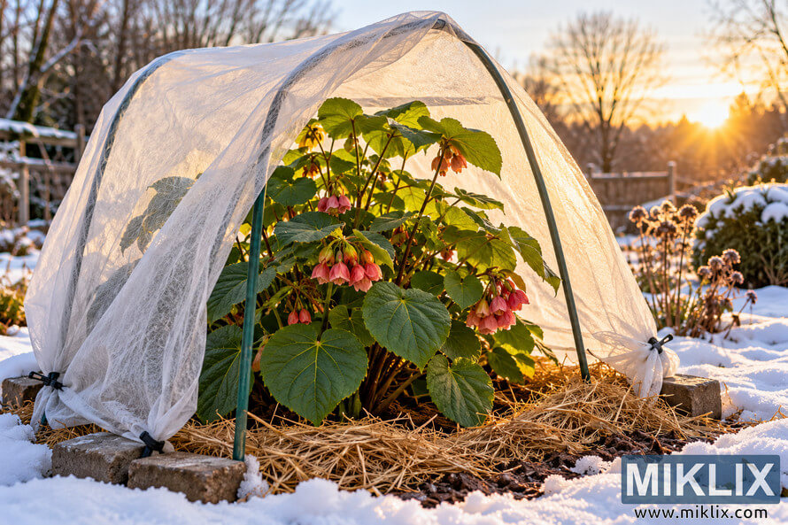 Leafy flowering plant with hanging pink blooms sheltered under translucent frost cloth and hoops in a snowy winter garden at sunset. Leafy flowering plant with hanging pink blooms sheltered under translucent frost cloth and hoops in a snowy winter garden at sunset.