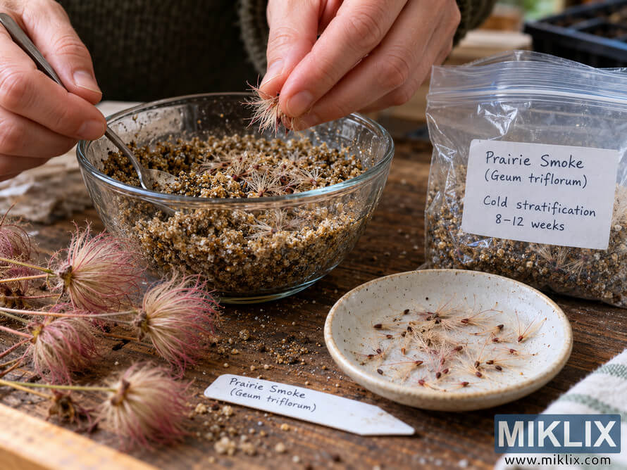Hands mix prairie smoke seeds with a moist granular medium beside labeled bags, loose seeds, and pink feathery seed heads. Hands mix prairie smoke seeds with a moist granular medium beside labeled bags, loose seeds, and pink feathery seed heads.