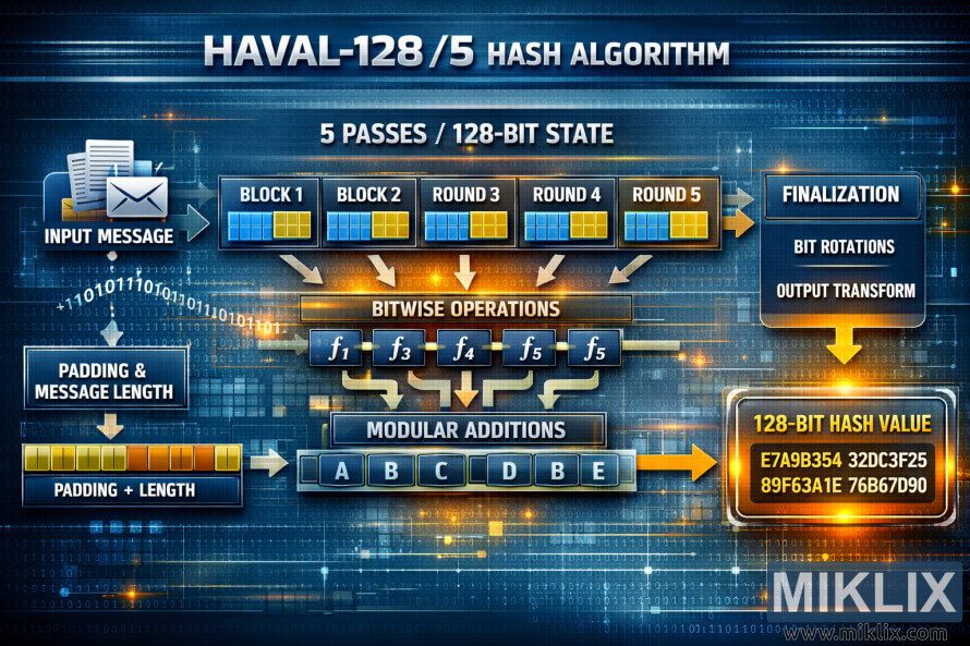 Infográfico em formato de paisagem mostrando o algoritmo de hash HAVAL-128/5 com mensagem de entrada, preenchimento (padding), cinco rodadas de processamento, operações bit a bit, adições modulares, finalização e o valor de hash resultante de 128 bits.
