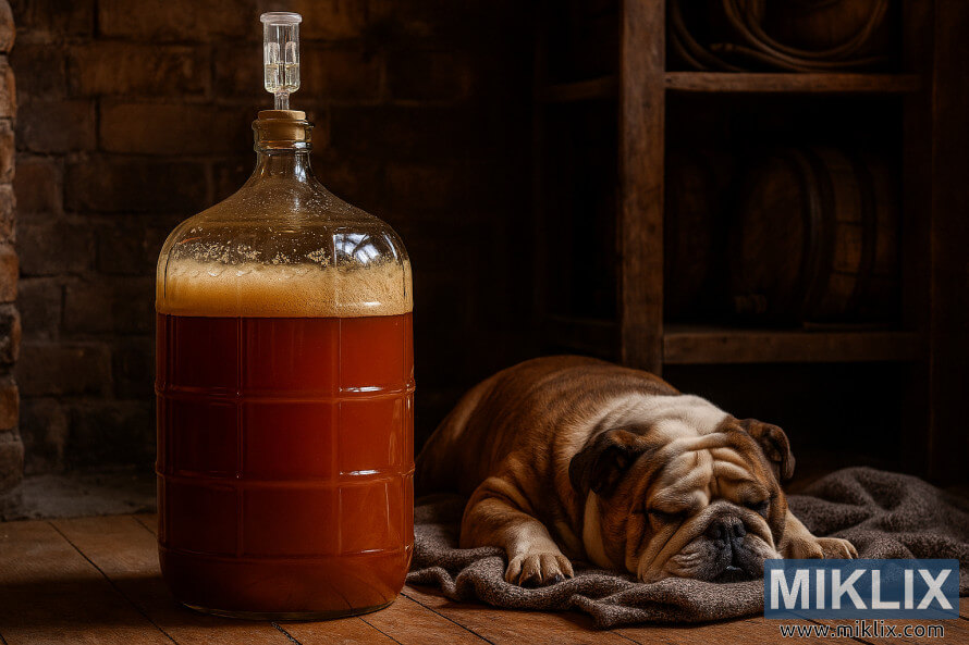 Amberkleurig lager dat fermenteert in een glazen fles naast een slapende bulldog in een rustieke thuisbrouwruimte Amberkleurig lager dat fermenteert in een glazen fles naast een slapende bulldog in een rustieke thuisbrouwruimte