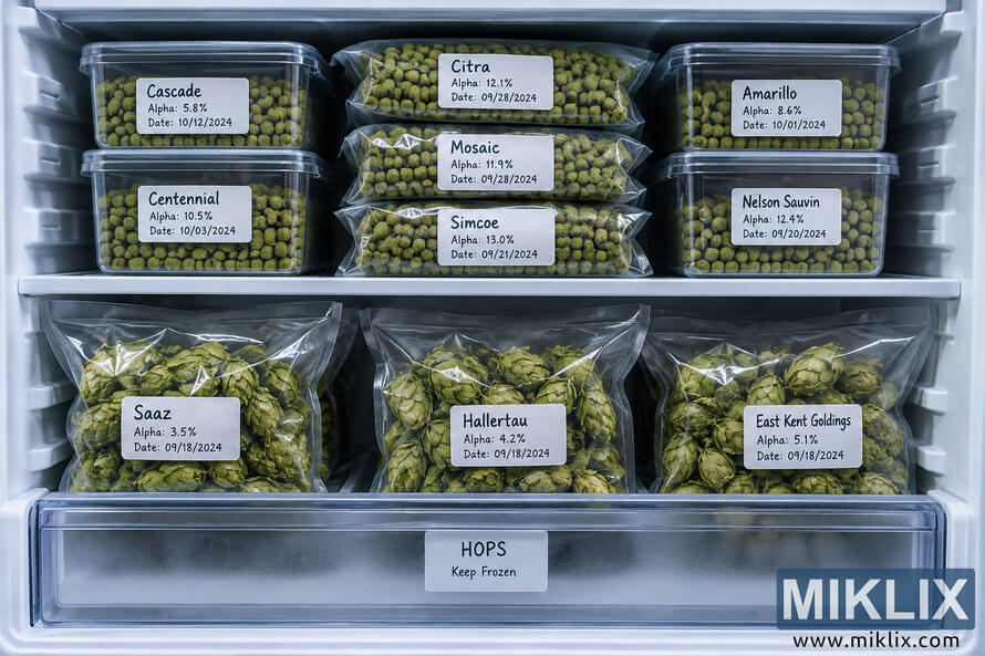 Organized freezer containing labeled containers and vacuum-sealed bags of green hop pellets and whole hop cones, neatly arranged by variety. Organized freezer containing labeled containers and vacuum-sealed bags of green hop pellets and whole hop cones, neatly arranged by variety.