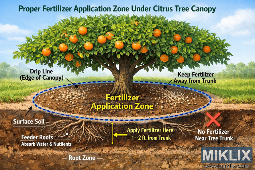 Diagram of a citrus tree showing the proper fertilizer application zone under the canopy near the drip line, with labels warning not to place fertilizer near the trunk.