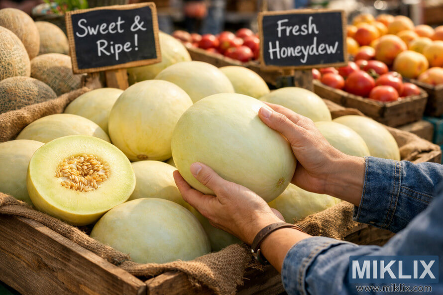 Person selecting a ripe honeydew melon at a farmers market produce stand, surrounded by crates of melons and other fruits. Person selecting a ripe honeydew melon at a farmers market produce stand, surrounded by crates of melons and other fruits.
