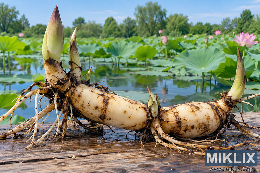 Fresh cream-colored lotus rhizome with roots and pointed green shoots resting on wet wood beside a pond filled with lotus leaves and pink flowers.