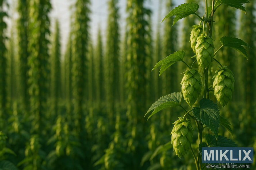 Gambar jarak dekat kon hop Celeia hijau dalam medan lompat cahaya matahari dengan tong bertali memudar ke latar belakang.