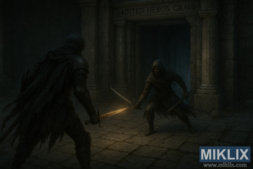 Realistic fantasy scene showing the Tarnished facing a Black Knife Assassin before the Sainted Heroâs Grave in a dimly lit stone courtyard.