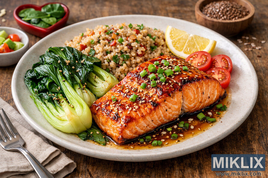 Heart-healthy meal on a round off-white plate featuring a glazed salmon fillet topped with sesame seeds and chopped green onions, steamed bok choy with lightly charred stems, a fluffy mix of brown rice and quinoa with red bell pepper and parsley, cherry tomato slices, and a lemon wedge, all set on a rustic wooden table with a linen napkin and fork, and blurred background elements including salad, sauce, flaxseeds, and a heart-shaped dish of spinach. Heart-healthy meal on a round off-white plate featuring a glazed salmon fillet topped with sesame seeds and chopped green onions, steamed bok choy with lightly charred stems, a fluffy mix of brown rice and quinoa with red bell pepper and parsley, cherry tomato slices, and a lemon wedge, all set on a rustic wooden table with a linen napkin and fork, and blurred background elements including salad, sauce, flaxseeds, and a heart-shaped dish of spinach.