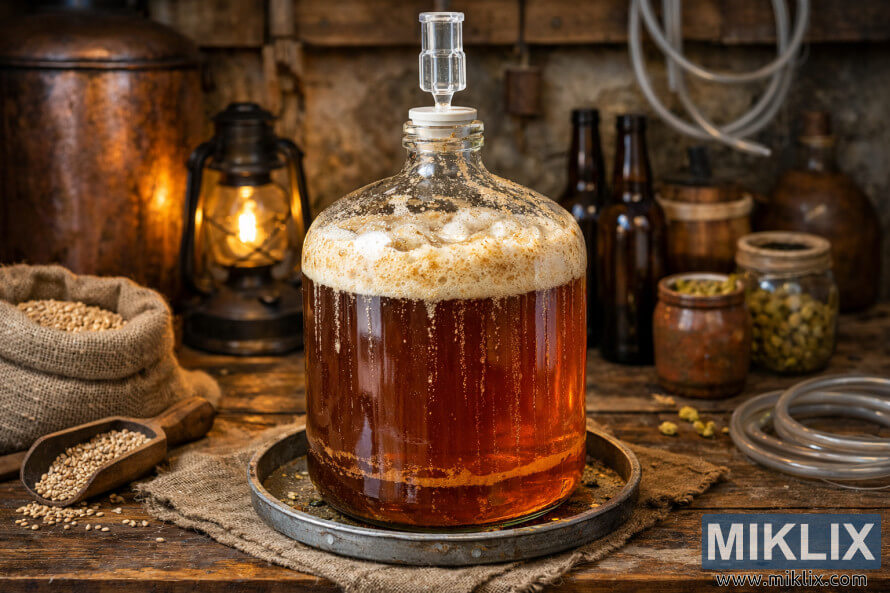Glass carboy of fermenting Burton ale with foamy krausen on a rustic wooden table surrounded by traditional homebrewing equipment. Glass carboy of fermenting Burton ale with foamy krausen on a rustic wooden table surrounded by traditional homebrewing equipment.
