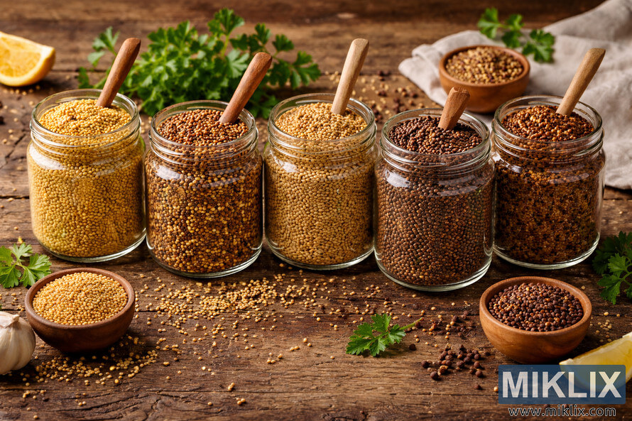Glass jars filled with different varieties of mustard seeds arranged on a rustic wooden table with scattered seeds and small bowls.