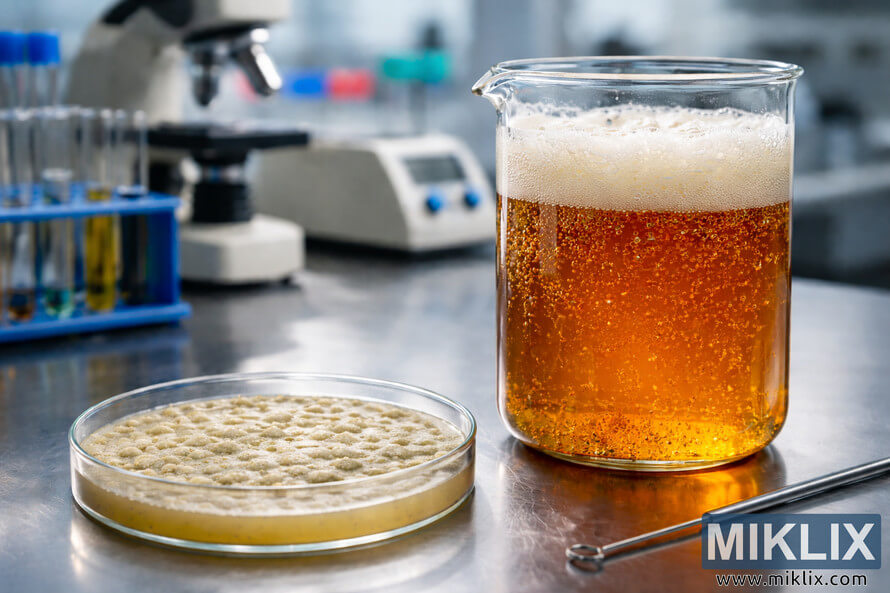 Glass beaker filled with fermenting amber beer beside a petri dish containing yeast culture on a stainless steel lab bench. Glass beaker filled with fermenting amber beer beside a petri dish containing yeast culture on a stainless steel lab bench.