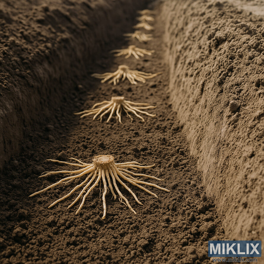 Krone beluÅ¡ev, razporejene vzdolÅ¾ dna zemeljskega jarka, s koreninami, razprtimi navzven.