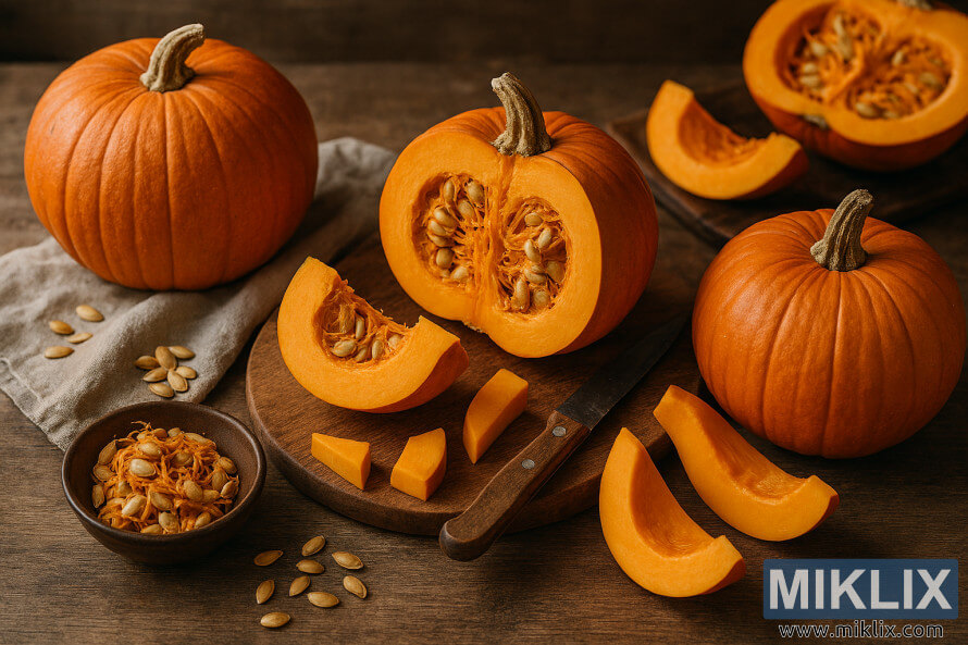 Freshly harvested pumpkins being sliced and prepared on a rustic wooden table