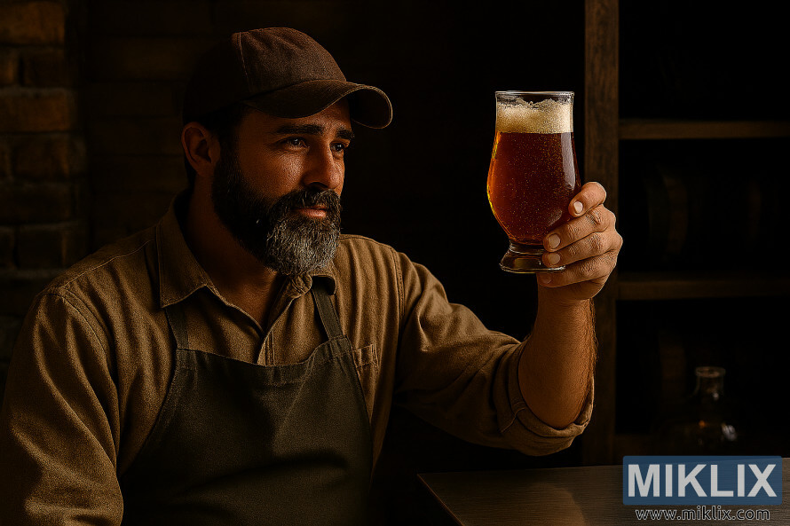 Man inspecteert een glas amberkleurig bier in een rustieke thuisbrouwomgeving Man inspecteert een glas amberkleurig bier in een rustieke thuisbrouwomgeving