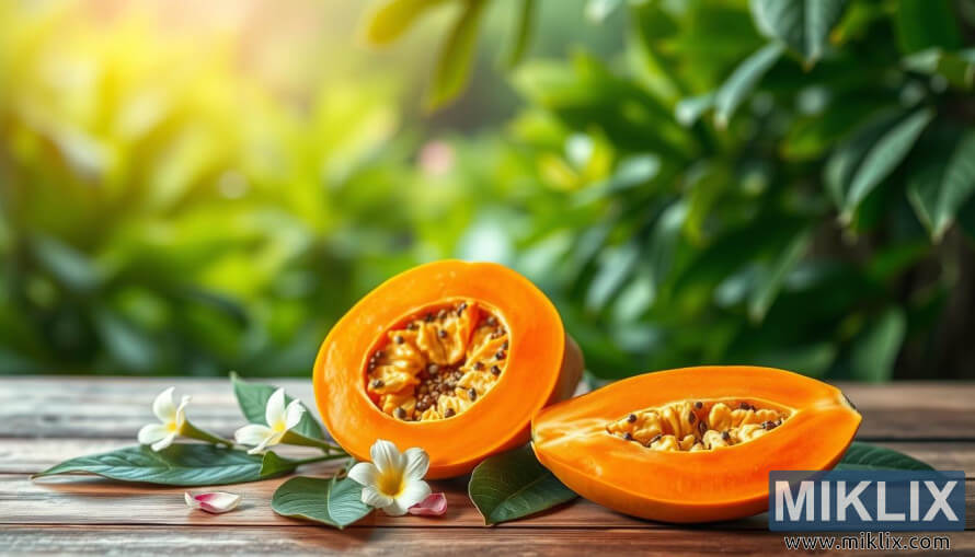 Papaya kalawan nyiksikan nÃ©mbongkeun daging emas-oranyeu dina permukaan kai kalawan daun hÃ©jo sarta petals dina cahaya lemes.