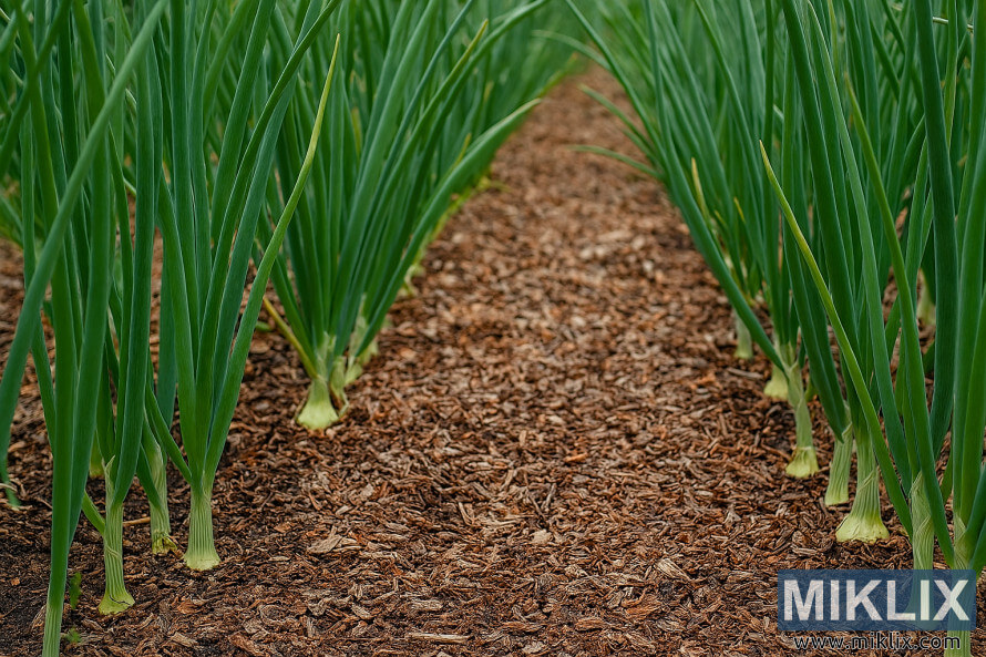 Close-up of healthy onion plants growing in neat garden rows with mulch between them