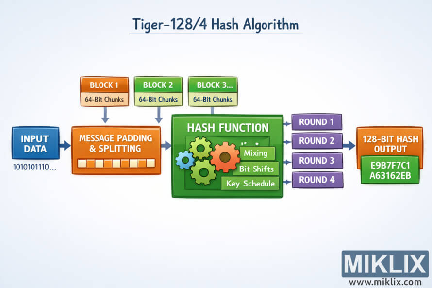 Diagramme paysage éducatif montrant les étapes conceptuelles de l’algorithme de hachage Tiger-128/4, de l’entrée aux rondes de mélange jusqu’à une sortie de hachage de longueur fixe.