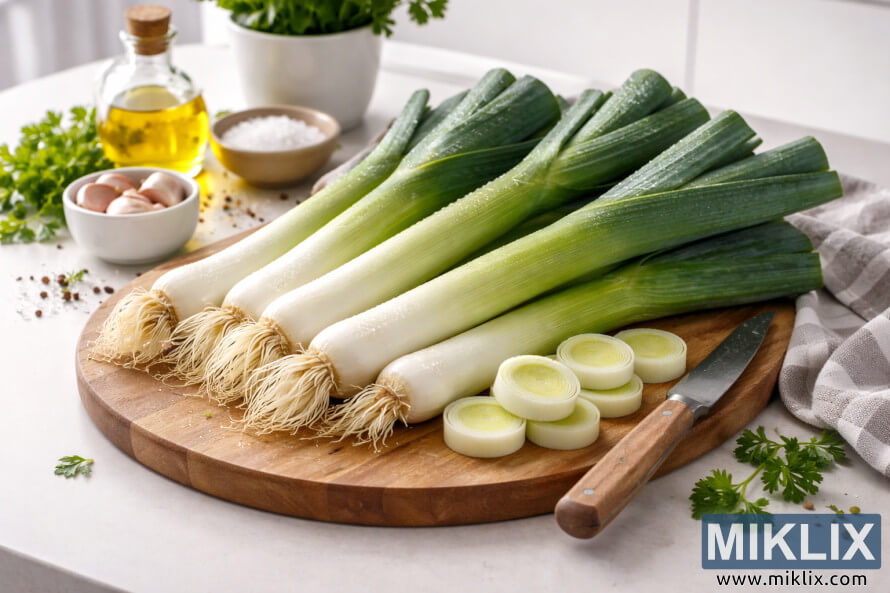 Ama-leek amasha ahlelwe etafuleni lekhishi lesimanje elinebhodi lokusika nommese.