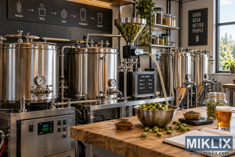 Wide view of an advanced homebrewing room with stainless-steel brewing tanks, pipes, gauges, fermentation vessels, a hop-filled dosing hopper and control unit, plus a wooden workbench covered with hops, a scale, brewing notebook, ingredient jars, and a glass of amber beer. Wide view of an advanced homebrewing room with stainless-steel brewing tanks, pipes, gauges, fermentation vessels, a hop-filled dosing hopper and control unit, plus a wooden workbench covered with hops, a scale, brewing notebook, ingredient jars, and a glass of amber beer.