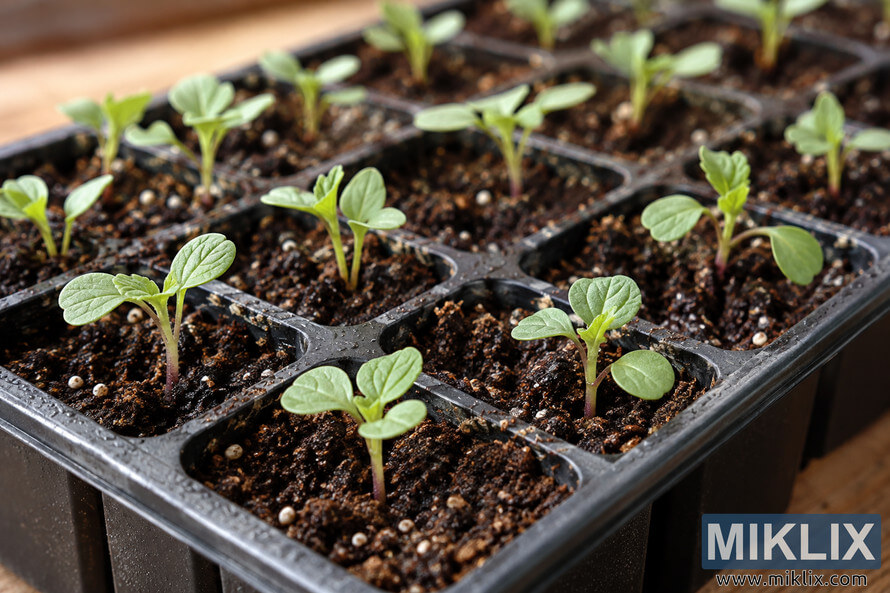 Close-up of young green seedlings growing in moist soil in a black plastic propagation tray on a wooden surface. Close-up of young green seedlings growing in moist soil in a black plastic propagation tray on a wooden surface.