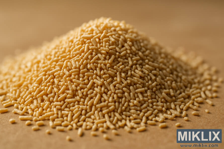 Pamje nga afër e një grumbulli granulash majaje të thata ngjyrë bezhë të artë me detaje të mprehta kundrejt një sfondi të ngrohtë dhe pak të turbullt. Pamje nga afër e një grumbulli granulash majaje të thata ngjyrë bezhë të artë me detaje të mprehta kundrejt një sfondi të ngrohtë dhe pak të turbullt.