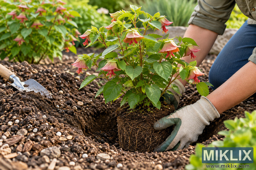 Gardener wearing gloves lowers a pink-flowering shrub with an exposed root ball into a hole in coarse, well-drained garden soil. Gardener wearing gloves lowers a pink-flowering shrub with an exposed root ball into a hole in coarse, well-drained garden soil.