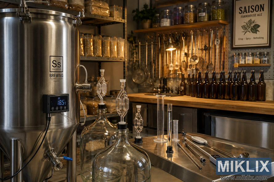 Warmly lit home brewery workspace with stainless steel fermenter, glass carboys, brewing tools, sanitized bottles, and shelves stocked with grains and hops for Saison beer production. Warmly lit home brewery workspace with stainless steel fermenter, glass carboys, brewing tools, sanitized bottles, and shelves stocked with grains and hops for Saison beer production.