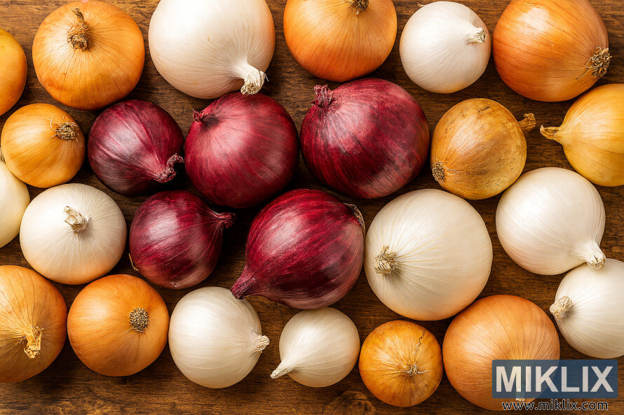 Yellow, red, and white onions arranged on a wooden surface