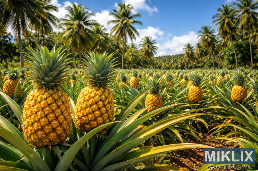 Pinyes daurades i madures que creixen sobre plantes verdes i exuberants en un camp tropical assolellat amb palmeres sota un cel blau.