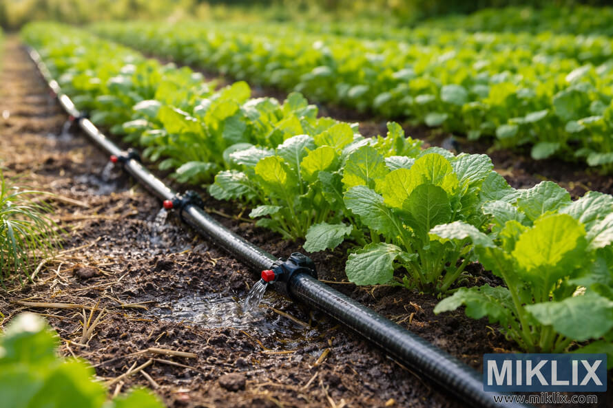 Drip irrigation line delivering water to rows of vibrant green mustard plants in a cultivated garden bed.
