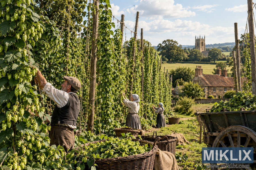 Historical English hop field with workers harvesting green hop cones by hand among tall wooden trellises, wicker baskets, and a wooden farm cart, with cottages and a stone church tower in the countryside beyond.