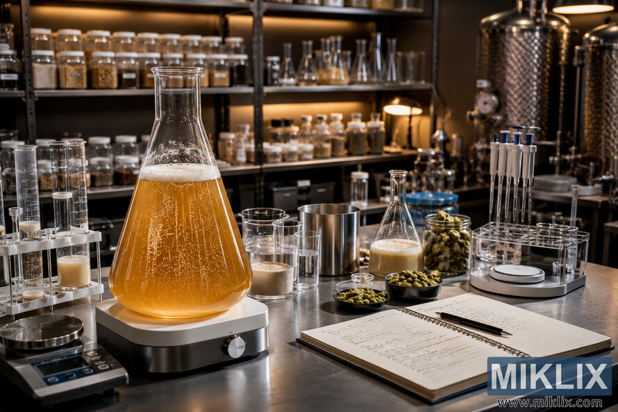 Landscape view of a professional brewing laboratory featuring a bubbling pale amber fermentation flask, scientific measuring equipment, an open laboratory notebook, hops, glassware, stainless-steel work surfaces, and organized shelves of brewing supplies under warm diffused lighting.