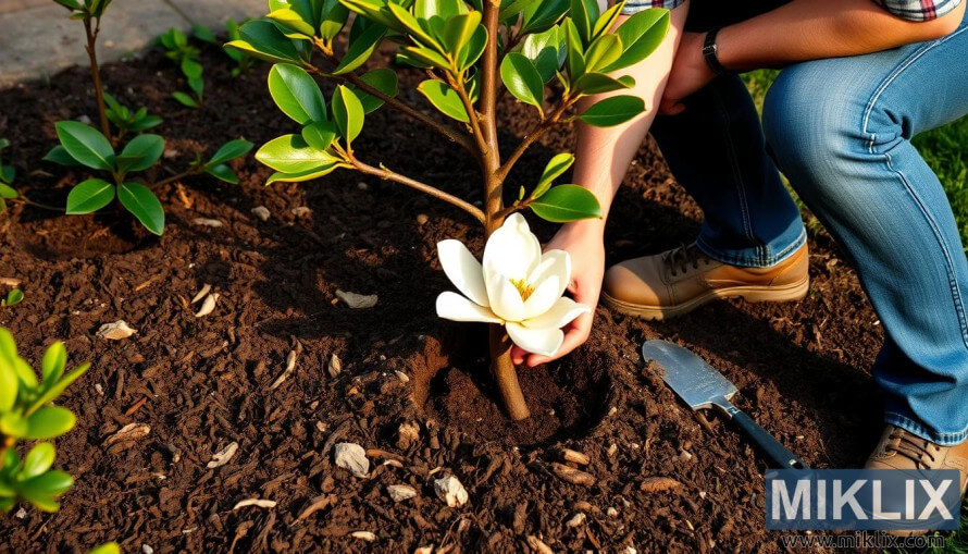 Gardener planting a young magnolia tree in a garden bed with a white flower near the base. Gardener planting a young magnolia tree in a garden bed with a white flower near the base.