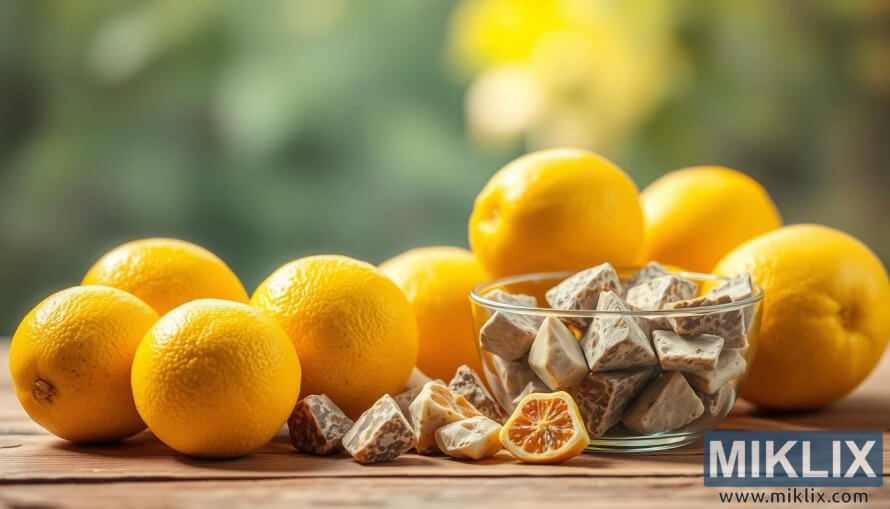 Plump lemons on wood beside a glass container of kidney stones in soft warm light. Plump lemons on wood beside a glass container of kidney stones in soft warm light.