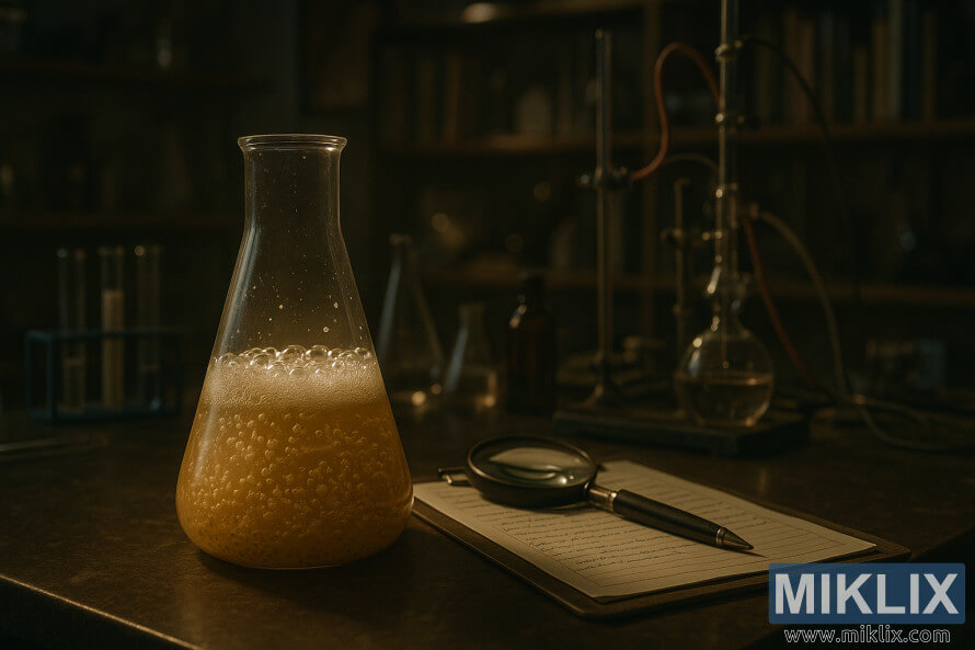 Um espaço de trabalho de laboratório com pouca luz, apresentando um frasco borbulhante, ferramentas cientÃficas e prateleiras ao fundo. Um espaço de trabalho de laboratório com pouca luz, apresentando um frasco borbulhante, ferramentas cientÃficas e prateleiras ao fundo.