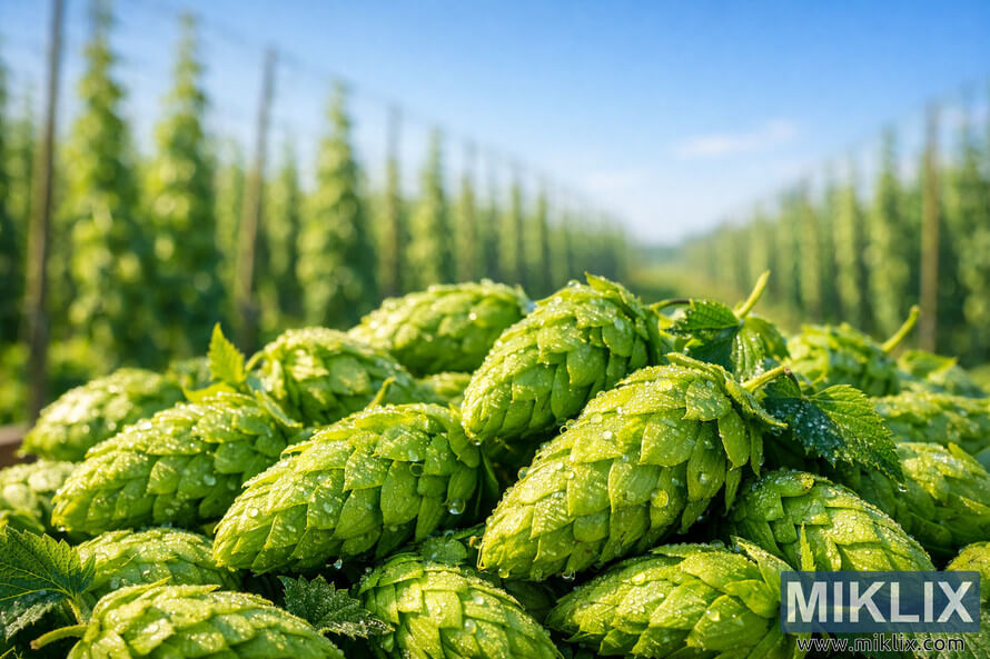 Close-up of freshly picked Hüller Bitterer hop cones covered in morning dew, with a softly blurred sunlit hop field and blue sky in the background. Close-up of freshly picked Hüller Bitterer hop cones covered in morning dew, with a softly blurred sunlit hop field and blue sky in the background.