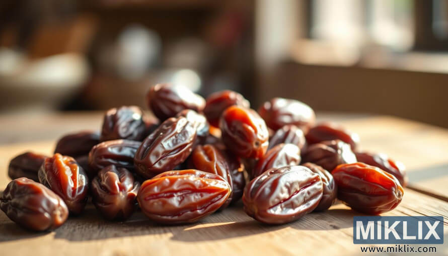 Polni rjavi datlji na rustikalni leseni mizi v topli zlati svetlobi z mehko zamegljenim ozadjem. Polni rjavi datlji na rustikalni leseni mizi v topli zlati svetlobi z mehko zamegljenim ozadjem.