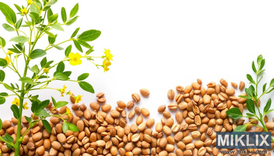 Ilustracija rastline grÅ¡kega sena z zelenimi listi, rumenimi cvetovi in rjavimi semeni.