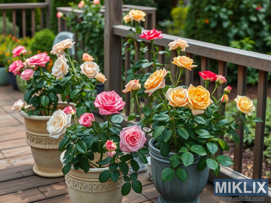 Roses en pot en rose, blanc, jaune et corail sur une terrasse en bois au feuillage vert.