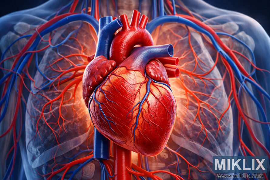 High-resolution 3D illustration of a healthy human heart surrounded by red arteries and blue veins within a semi-transparent chest cavity.