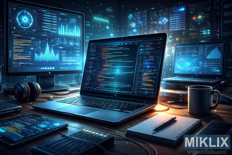 Modern IT workspace with laptop and multiple monitors displaying code, data dashboards, and technical system interfaces