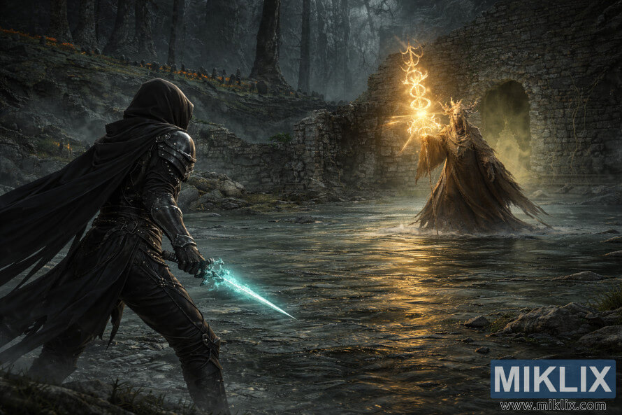 Wide anime-style scene of the Tarnished in Black Knife armor seen from behind, facing Jori, Elder Inquisitor, amid the flooded ruins of the Darklight Catacombs before battle. Wide anime-style scene of the Tarnished in Black Knife armor seen from behind, facing Jori, Elder Inquisitor, amid the flooded ruins of the Darklight Catacombs before battle.