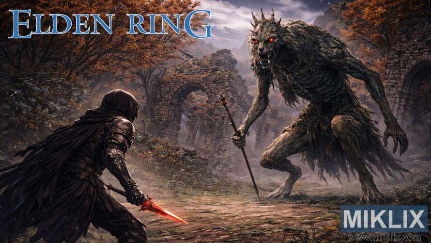 Fan art of a Tarnished in Black Knife armor confronting the towering Demi-Human Queen in ancient forest ruins inspired by Elden Ring.
