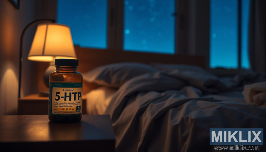 Ampolla de suplement de 5-HTP a la tauleta de nit al costat d'un llit acollidor sota la cÃ lida resplendor d'una lÃ mpada.