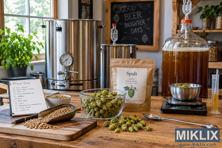 Landscape photo of a rustic home brewing setup with stainless-steel kettles, a glass fermenter, brewing grain, Spalt hops, hop cones, a digital scale, hydrometer, brewing spoon, and brew-day checklist arranged on a wooden workbench. Landscape photo of a rustic home brewing setup with stainless-steel kettles, a glass fermenter, brewing grain, Spalt hops, hop cones, a digital scale, hydrometer, brewing spoon, and brew-day checklist arranged on a wooden workbench.