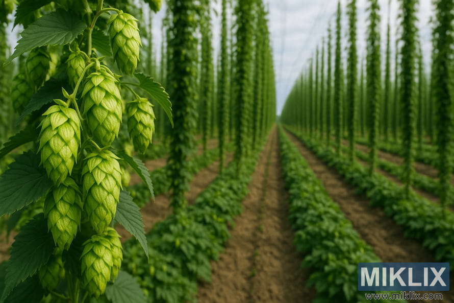 NÃ¤rbild av grÃ¶na Merkur-humlekottar med rader av hÃ¶ga spaljÃ©er i ett humlefÃ¤lt.