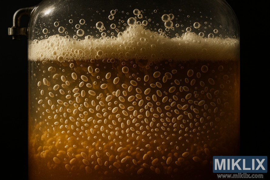 Bagean silang saka fermentasi bir IPA kanthi ragi sing ngasilake gelembung CO2 ing wadhah sing surem.