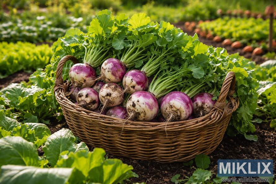 Basket overflowing with freshly harvested purple and white turnips in a sunny vegetable garden